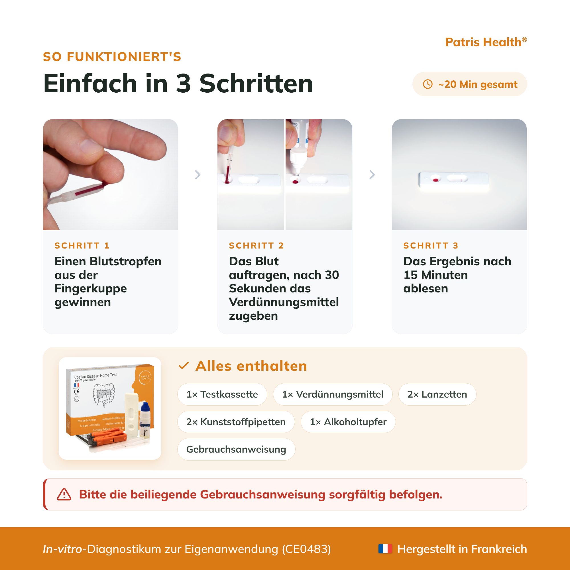 So funktioniert's: 3 Schritte für den Zöliakie Selbsttest mit Blutstropfen und Testgerät.