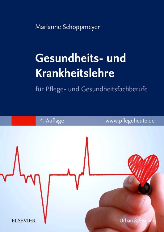 Buchcover: Gesundheits- und Krankheitslehre. Titel in Weiß auf blauem Hintergrund. Autorin: Marianne Schoppmeyer. Verlag: Elsevier, Urban & Fischer. EKG-Linie und Herz.