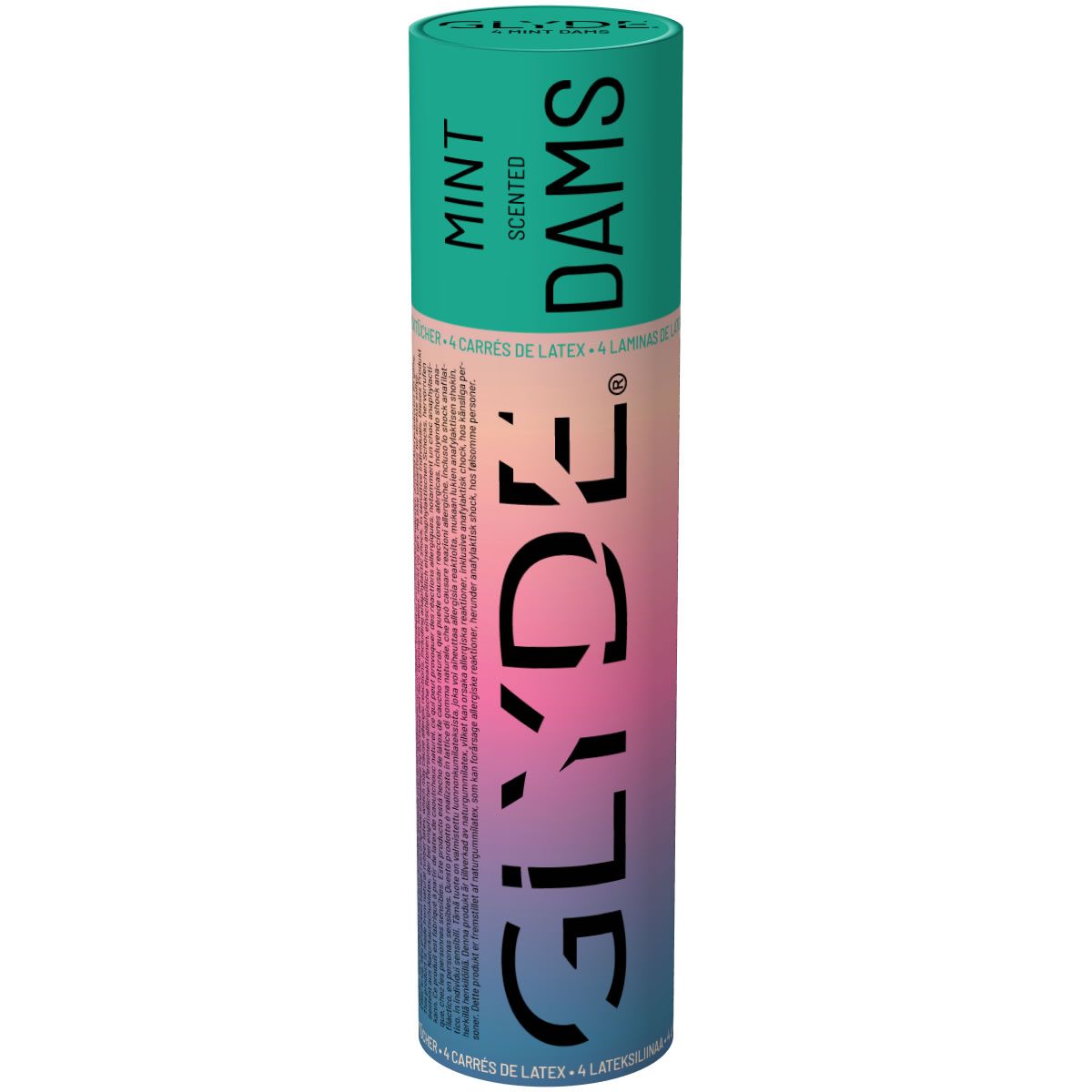 Zylindrische Verpackung. Aufschrift: GLYDE DAMS, MINT, Scented. Türkis-farbener Deckel. Farbverlauf von Rosa nach Blau.
