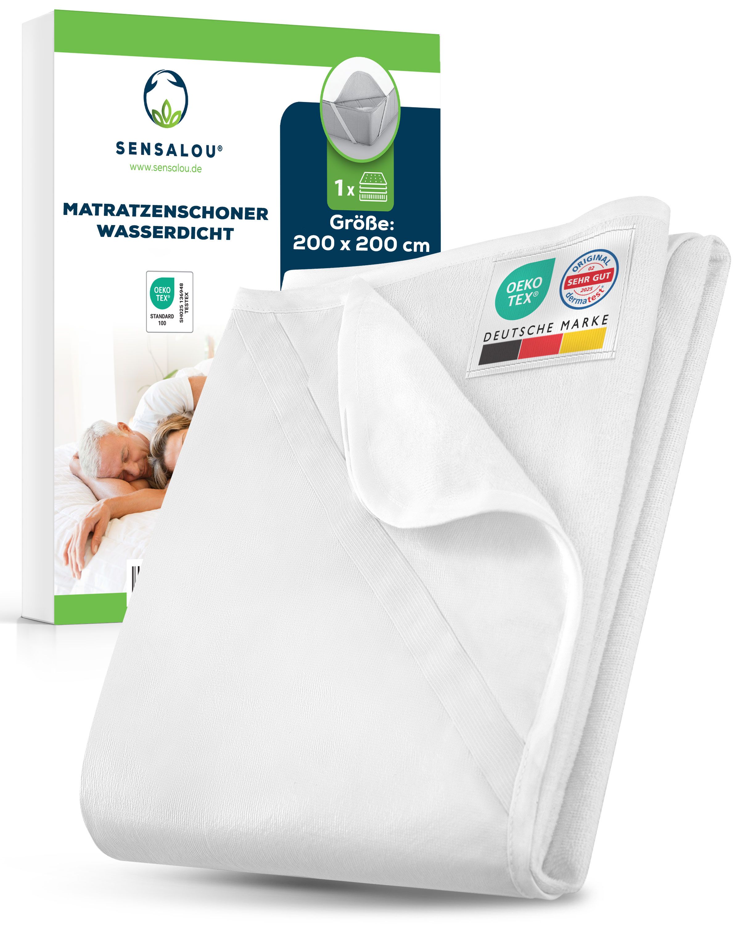 Weiße Matratzenauflage mit Verpackung. Verpackung mit Produktname, Logo und Größenangabe 200x200cm. Oeko-Tex-Zertifizierung.