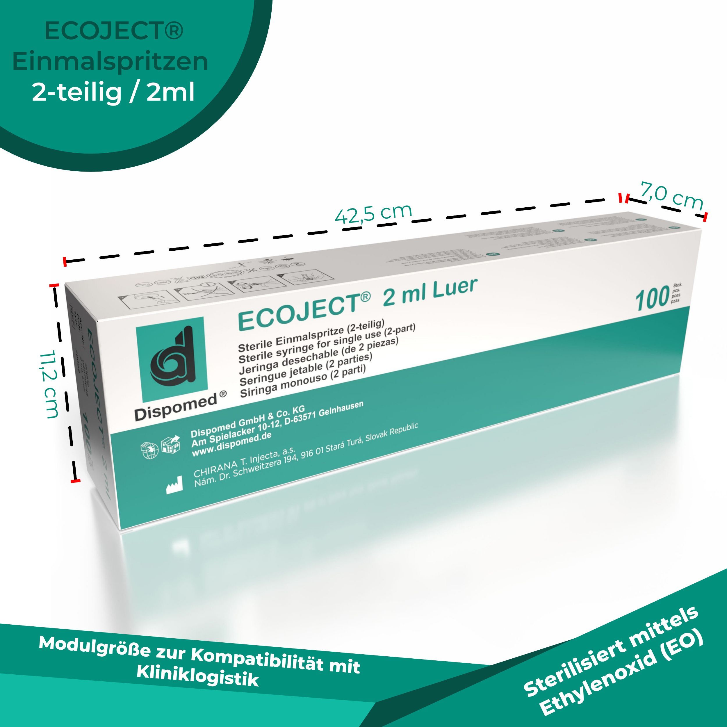 Verpackung mit Spritzen. Aufschrift: ECOJECT 2 ml Luer, 100 Stück. Maße: 11,2 cm hoch, 42,5 cm breit, 7,0 cm tief.