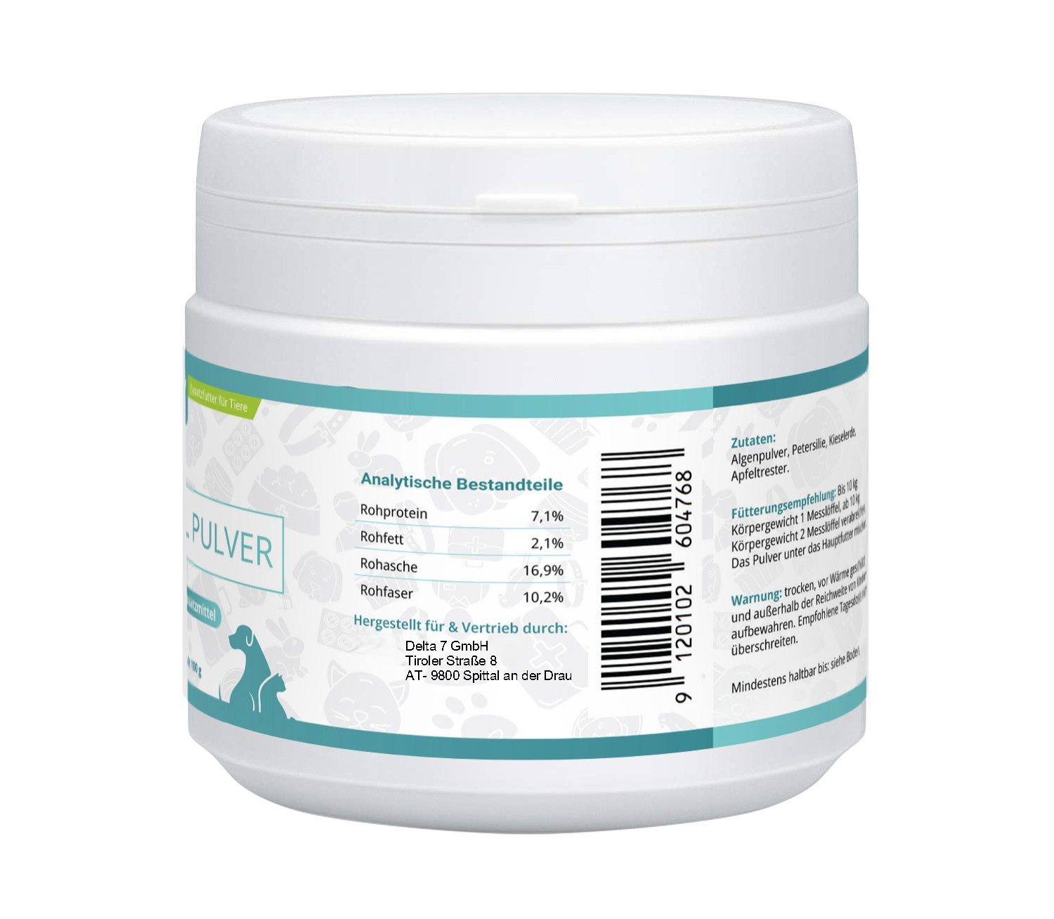 Rückseite der Dose DENTAL PULVER. Analytische Bestandteile, Herstellerinformationen. Marke: Animal Pro.