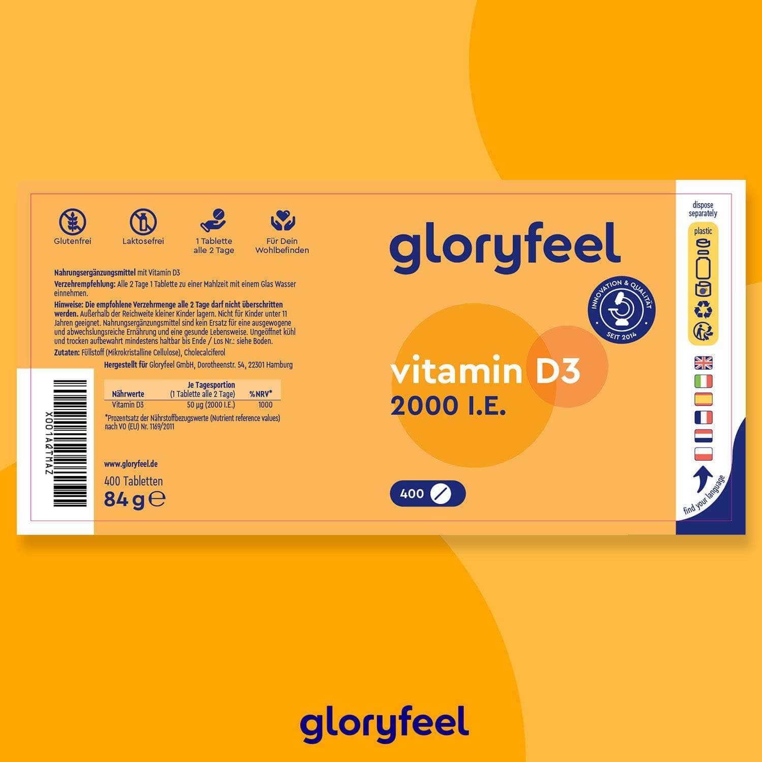 Gelbe Verpackung mit Aufschrift: gloryfeel, Vitamin D3 2000 I.E., 400 Tabletten. Enthält Informationen und Logos.
