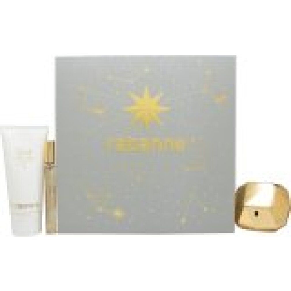 Geschenkbox mit Sternmotiv, Flakon, Roll-on-Flakon und Tube. Auf der Box steht 'rabanne'.