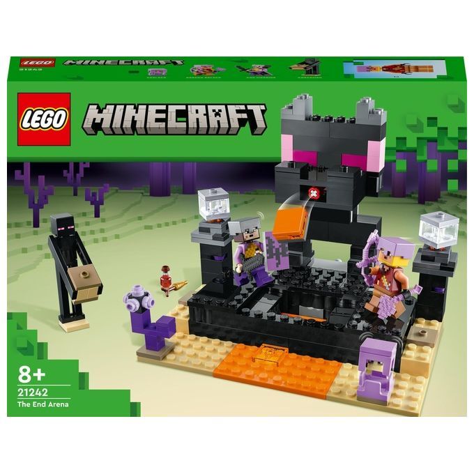 LEGO Minecraft Set. Enthält Figuren und Arena. Verpackung mit Logo und Produktbezeichnung. Altersempfehlung 8+.