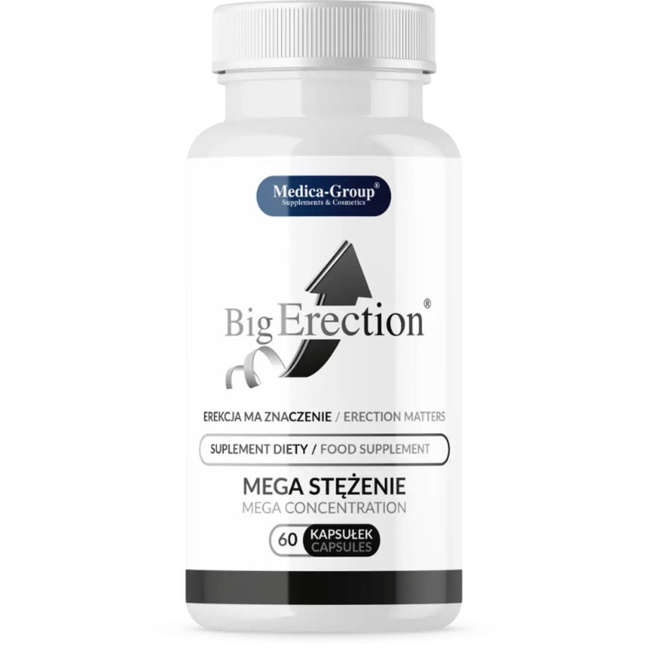 Weiße Kapsel-Flasche. Aufschrift "Big Erection", "Mega Konzentration". 60 Kapseln. Medica-Group Logo. Pfeil-Grafik.