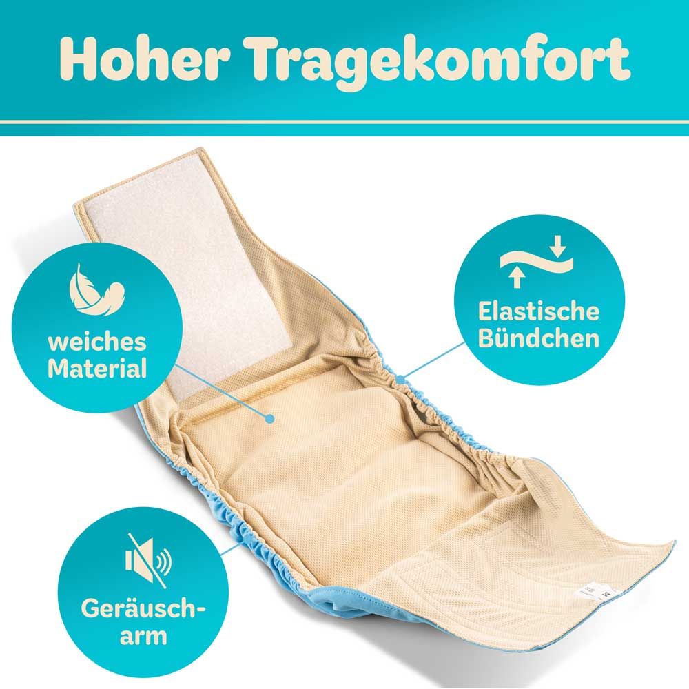 Windel. Text: Hoher Tragekomfort, weiches Material, elastische Bündchen, geräuscharm.