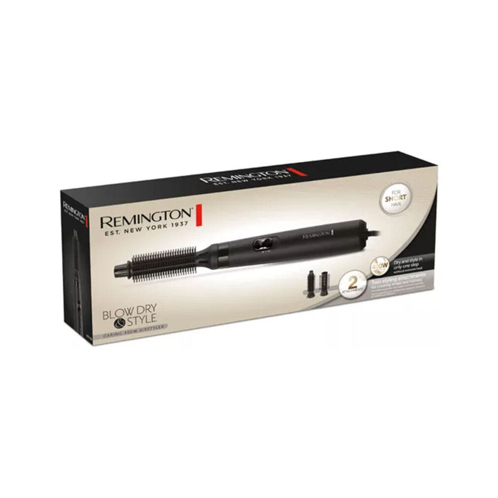 Verpackung des Haarstylers. Schwarze Box mit Produktbild und Logo. Text: Blow Dry & Style.