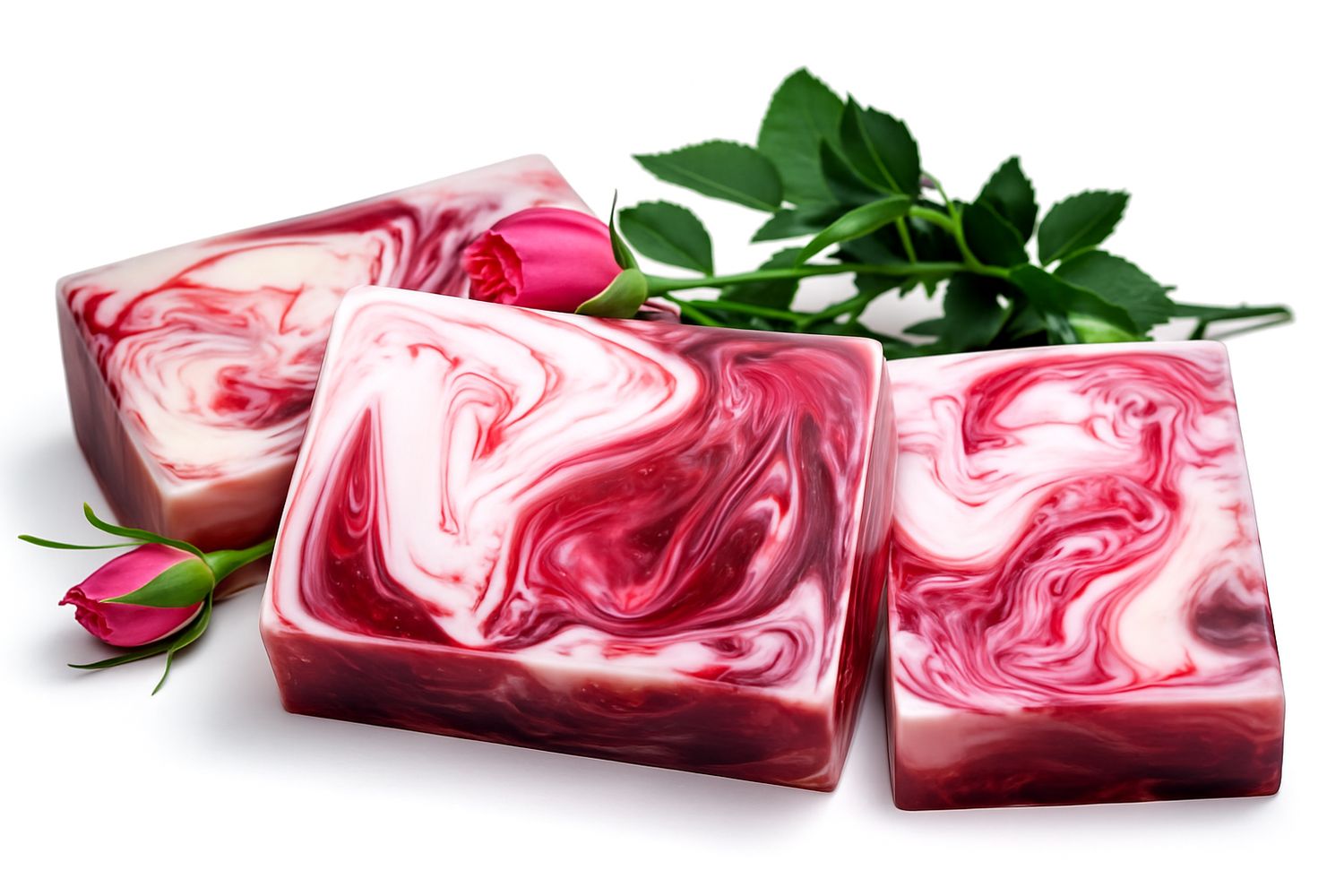 Drei rechteckige Seifenstücke mit wirbelndem rot-weißem Muster. Rosenknospen und Blätter liegen daneben.