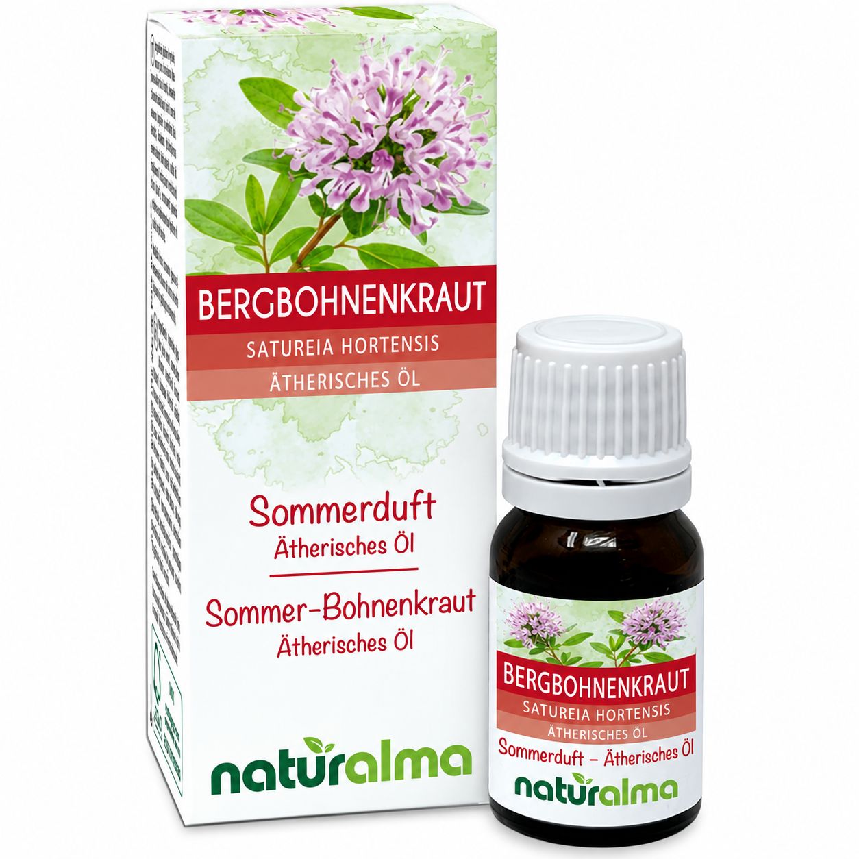 Braune Glasflasche mit 100ml Thymianöl, umgeben von Thymianblüten.