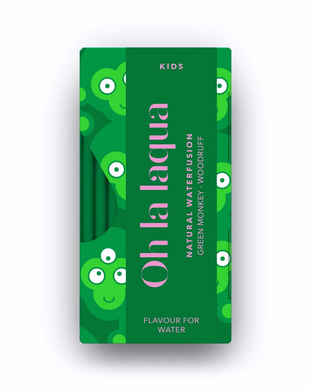 Grüne Verpackung mit "Oh la laqua"-Logo und Affenmuster. Enthält grüne Sticks. Text: "Flavour for Water".