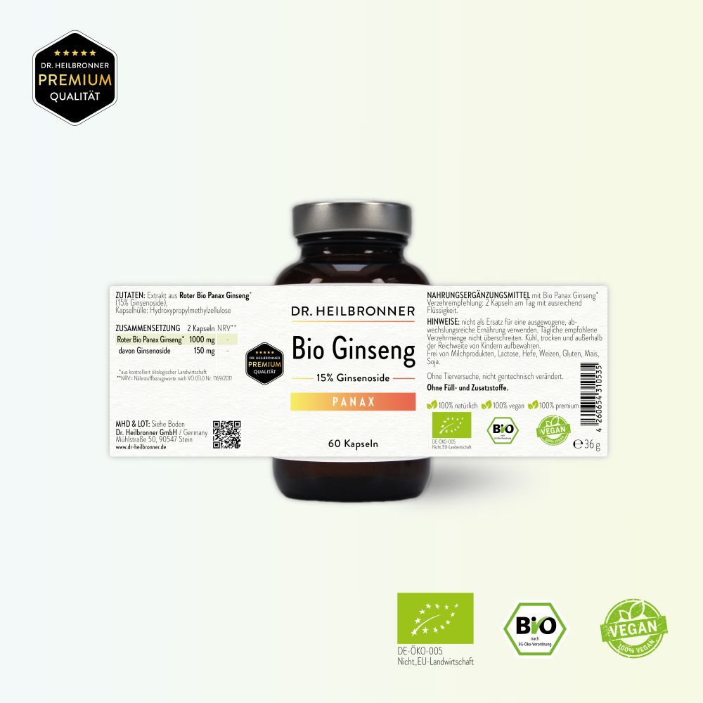 Braune Glasflasche mit weißem Etikett. Aufschrift: Bio Ginseng, 15% Ginsenoside, PANAX, 60 Kapseln. Vegan. Zusätzliche Informationen.