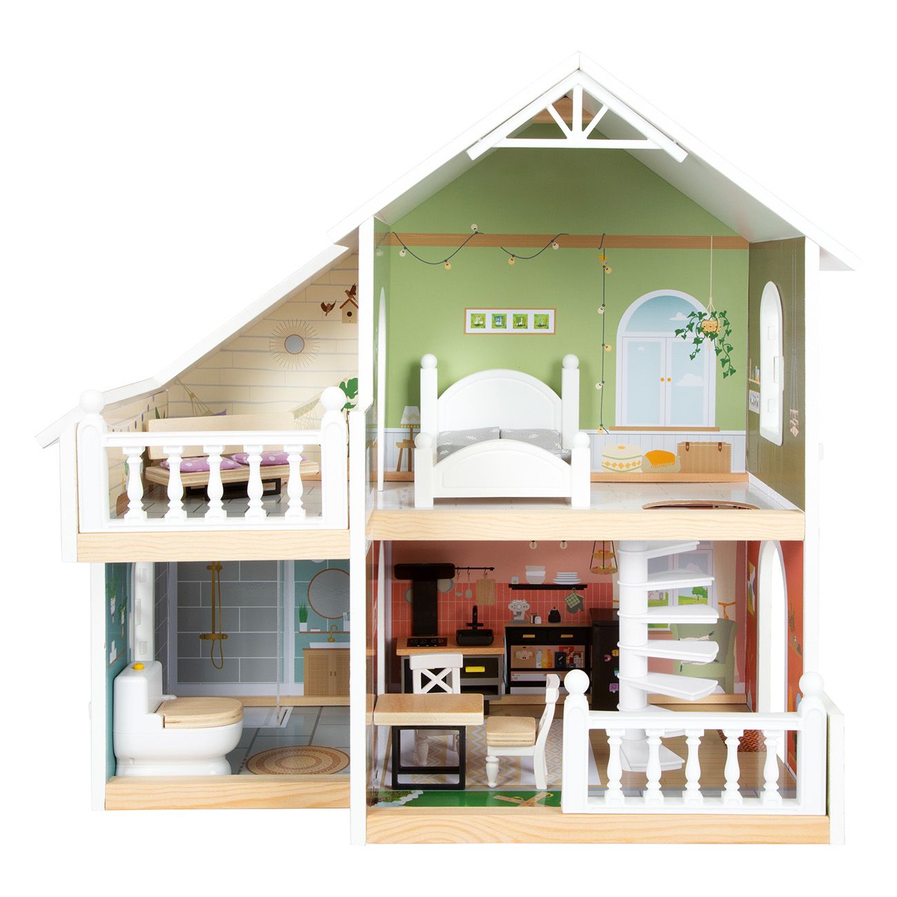 Puppenhaus Stadtvilla kompakt. Mehrstöckiges Holzhaus mit Balkon, Bad, Küche und Schlafzimmer. Weiße und grüne Akzente.