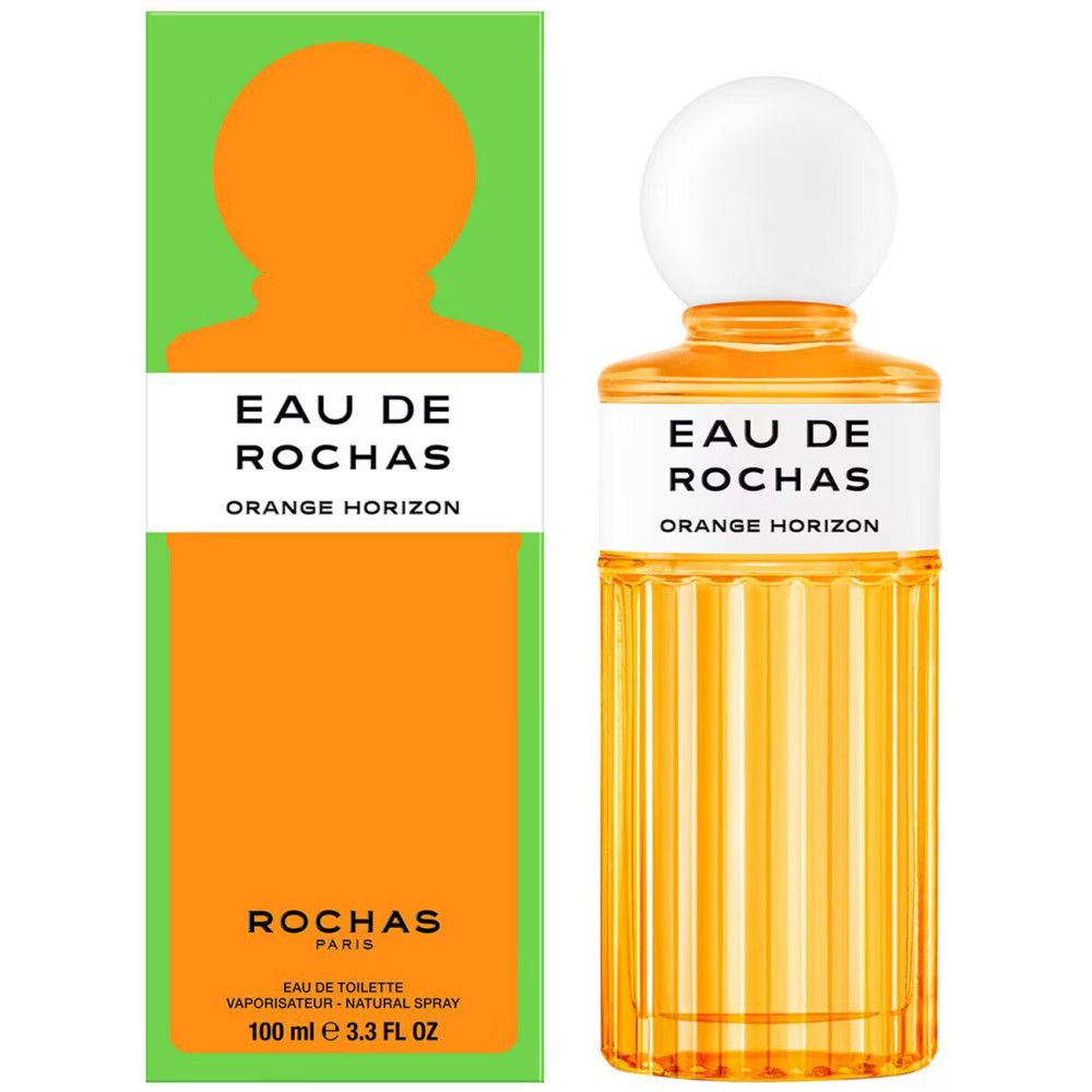 Orangefarbene Glasflasche neben grüner Verpackung. Aufschrift: Eau de Rochas Orange Horizon. Marke: Rochas Paris.