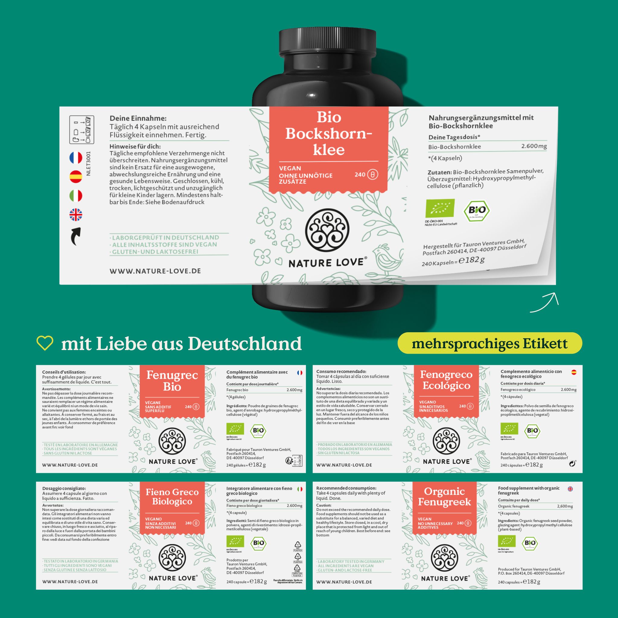 Mehrsprachiges Etikett mit Informationen zu Bio Bockshornklee. Enthält Angaben in Deutsch, Italienisch, Niederländisch, Französisch und Englisch. Marke: NATURE LOVE®.