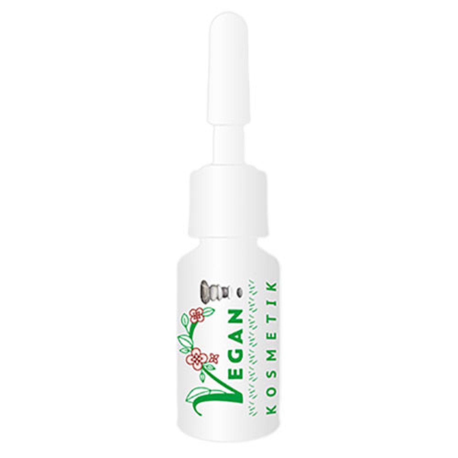 Weiße Flasche mit Applikator. Aufschrift: Vegan Kosmetik. Logo mit Blättern und Blüten.