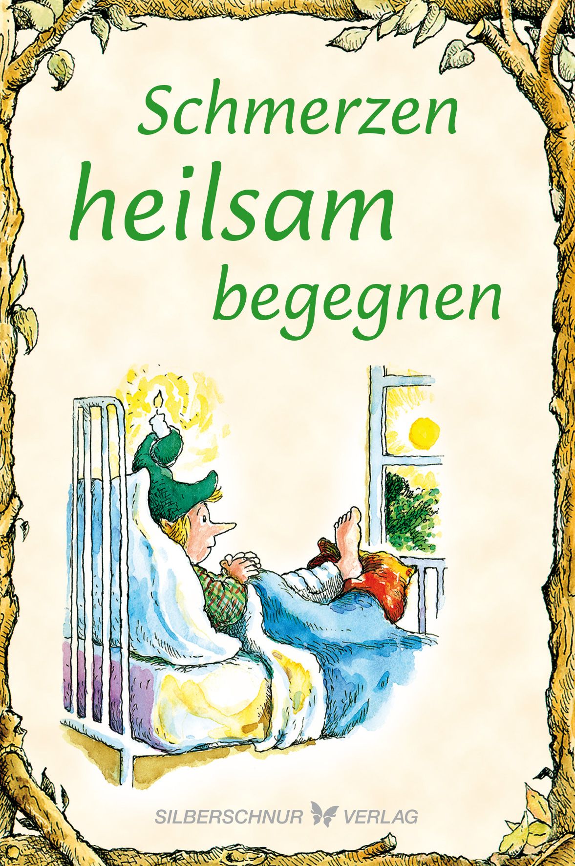 Buchcover mit Titel "Schmerzen heilsam begegnen". Illustration: Figur im Bett, Kerze, Fenster. Verlag: Silberschnur.