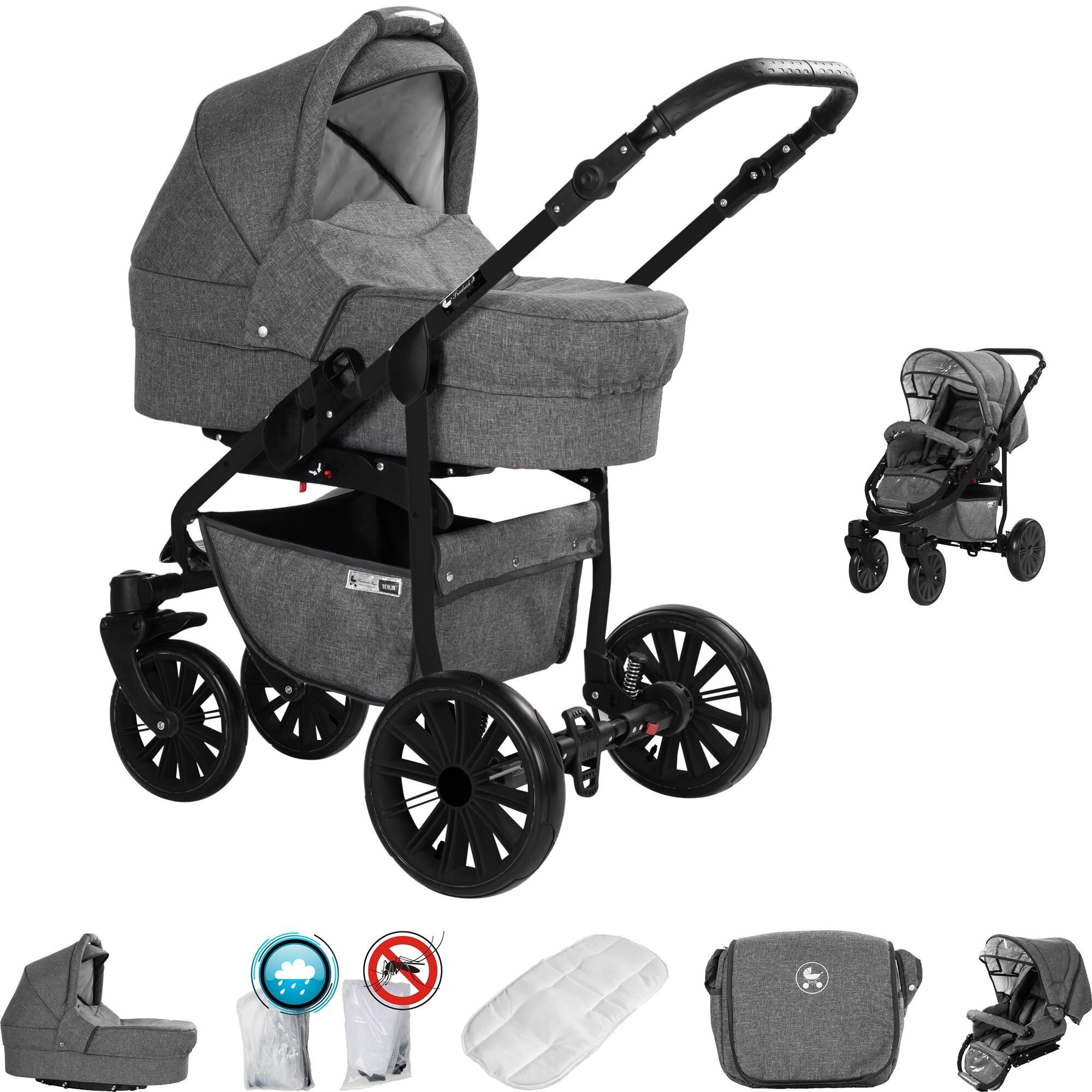 Friedrich Hugo Berlin 2 in 1 Kinderwagen Luftreifen, Grey and Grey Night