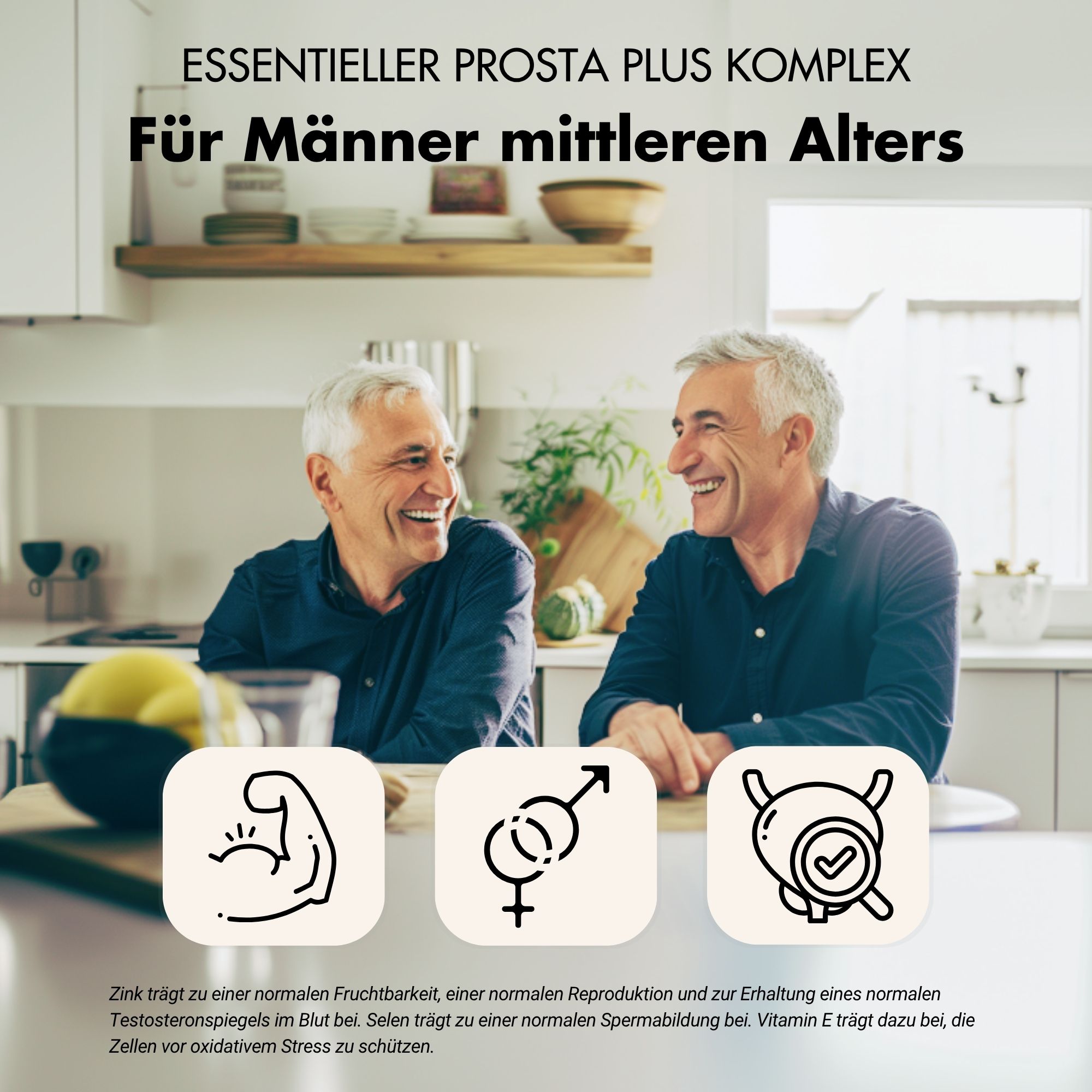 Zwei Männer lachen in einer Küche. Icons: Muskel, Geschlechtssymbol, Prostata-Symbol. Text über Fruchtbarkeit, Spermien und Testosteron.