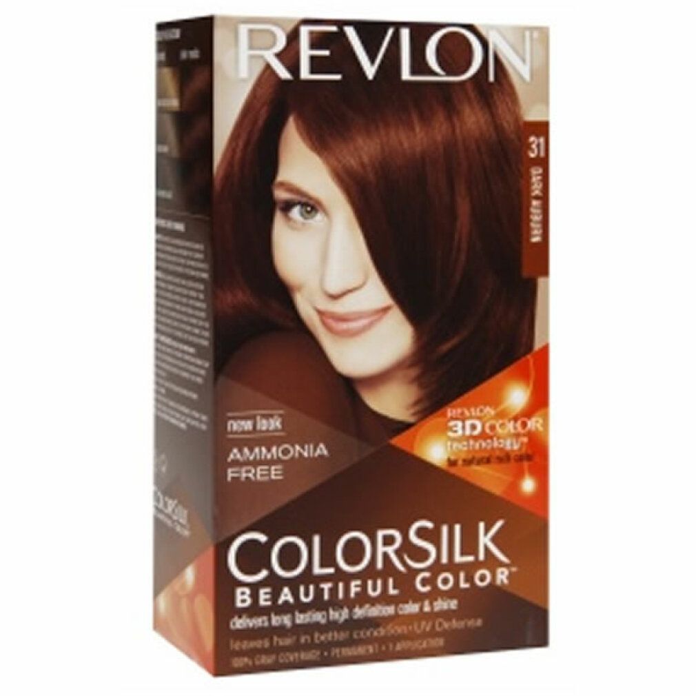 Revlon Colorsilk 31 Dark Auburn Haarfarbe. Karton mit Frau mit braunen Haaren. "Ammonia Free" und "3D Color Technology" sind sichtbar.