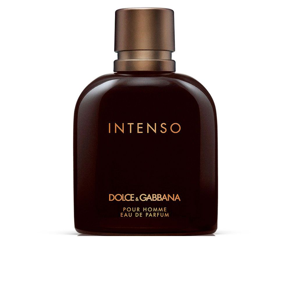 Dunkelbraune Flasche mit goldfarbenem Verschluss. Aufschrift INTENSO, DOLCE & GABBANA, Pour Homme. EdP.