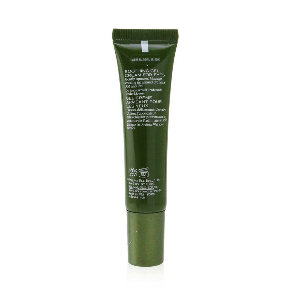 Rückseite einer grünen Tube. Text: Soothing Gel Cream for Eyes. Inhaltsstoffe, Herstellerinformationen und Logos.