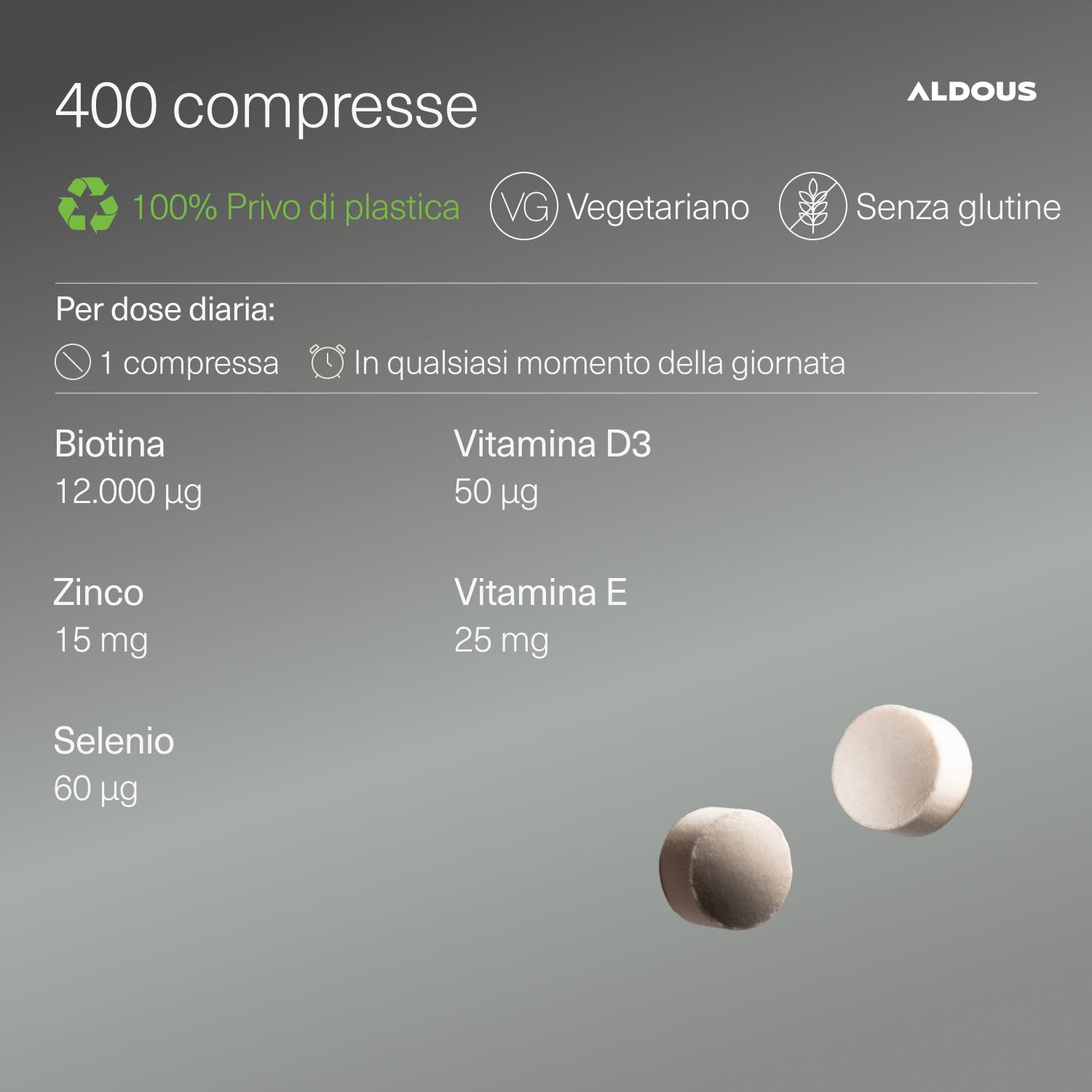 Zwei Tabletten neben Informationen: 12.000 µg Biotin, Zink, Selen, Vitamin D3 & E. 100% plastikfrei, vegetarisch, glutenfrei.