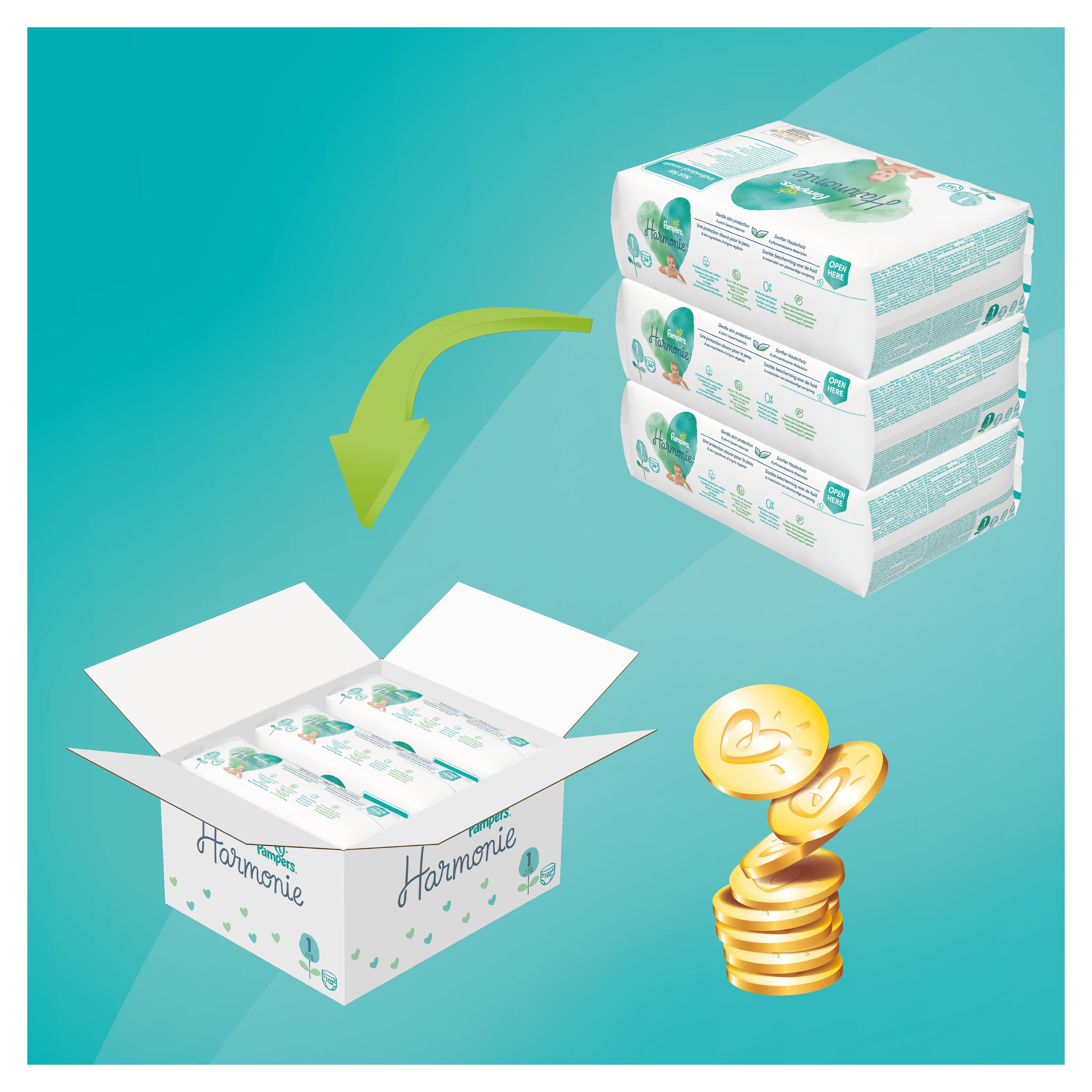 Pampers Harmonie Windeln in Boxen. Boxen werden in eine geöffnete Box gelegt. Goldmünzen daneben. Grüner Hintergrund.