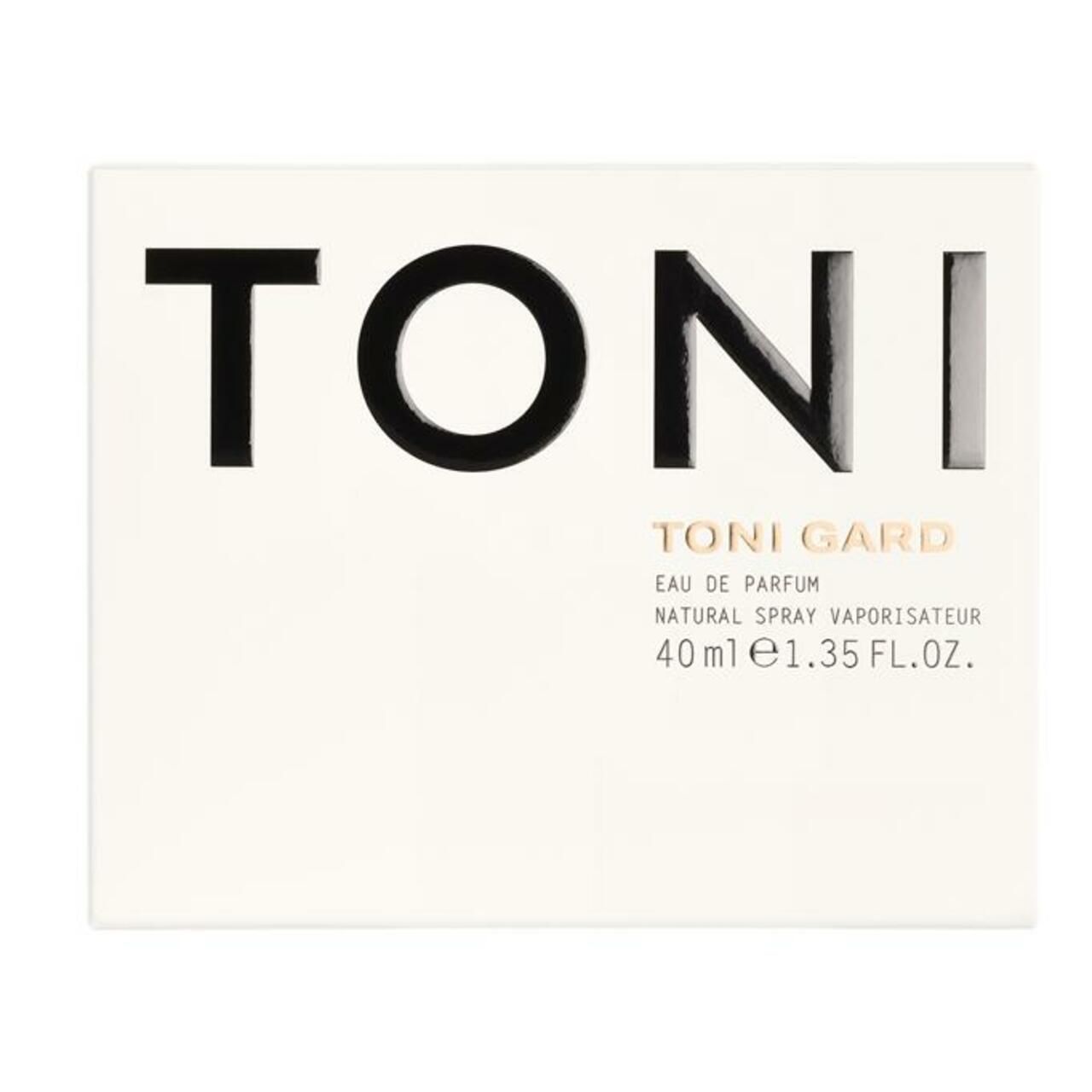Weiße Schachtel mit schwarzem Schriftzug TONI und Produktinformationen. Marke TONI GARD, Eau de Parfum, 40ml.