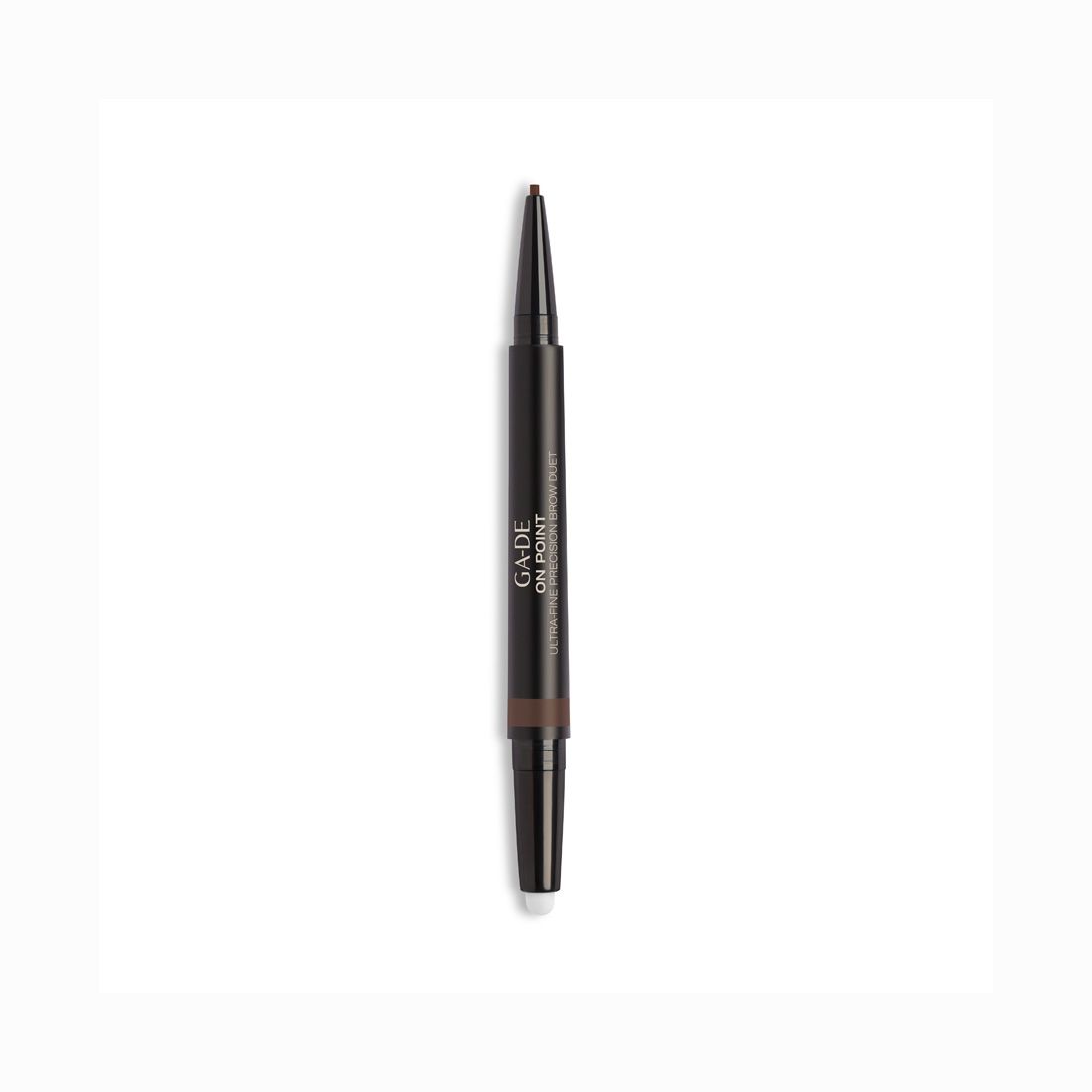 Doppel-Augenbrauenstift. Dunkelbrauner Stift mit zwei Enden. Aufschrift: G-DE ON POINT ULTRA FINE BROW DUET.