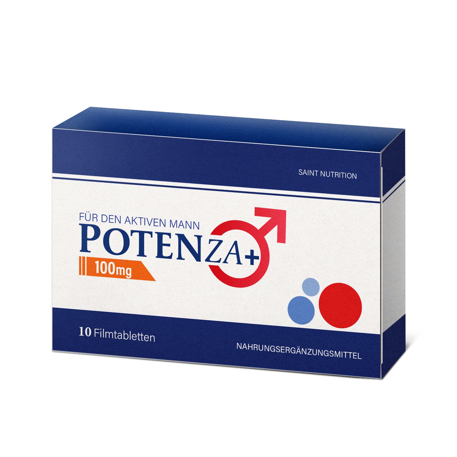 Verpackung von Potenza Plus 100mg Filmtabletten. Blaue und weiße Schachtel mit Produktnamen und rotem Symbol.