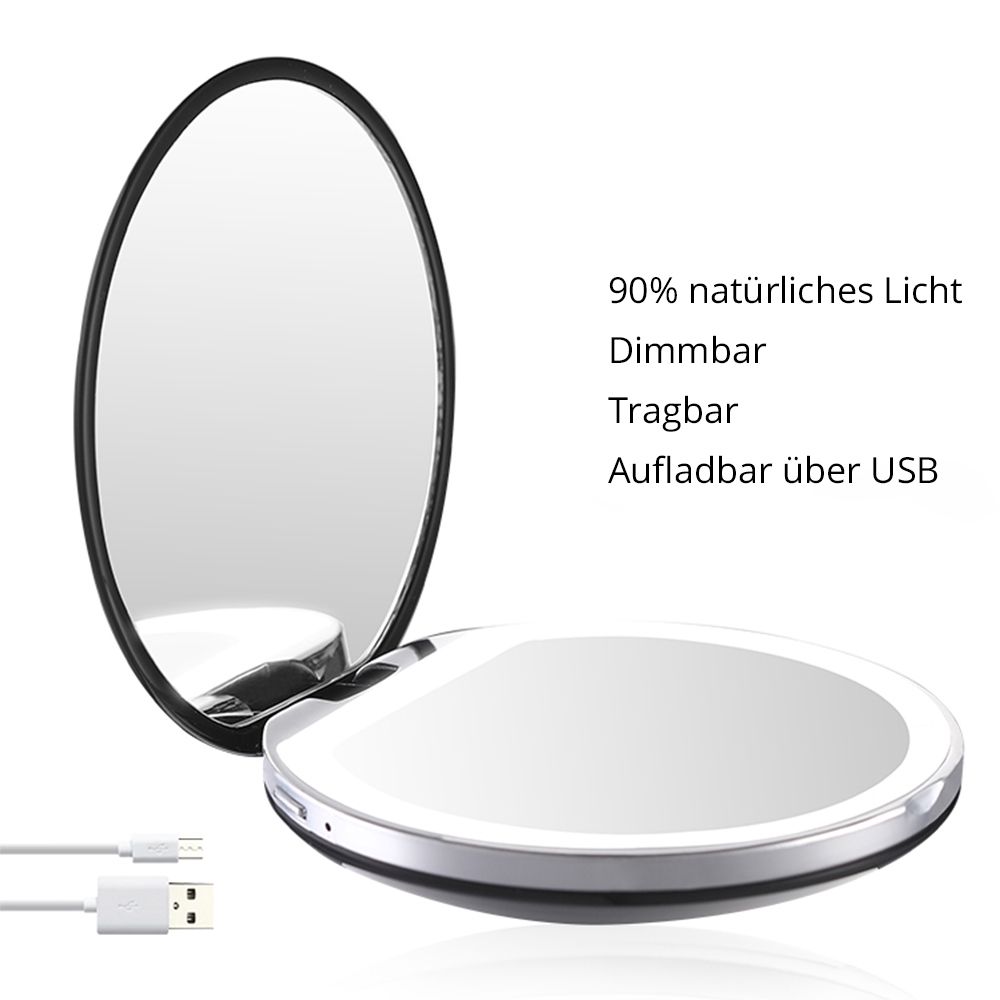 Taschenspiegel mit LED-Beleuchtung und USB-Kabel. Text: 90% natürliches Licht, dimmbar, tragbar, aufladbar über USB.