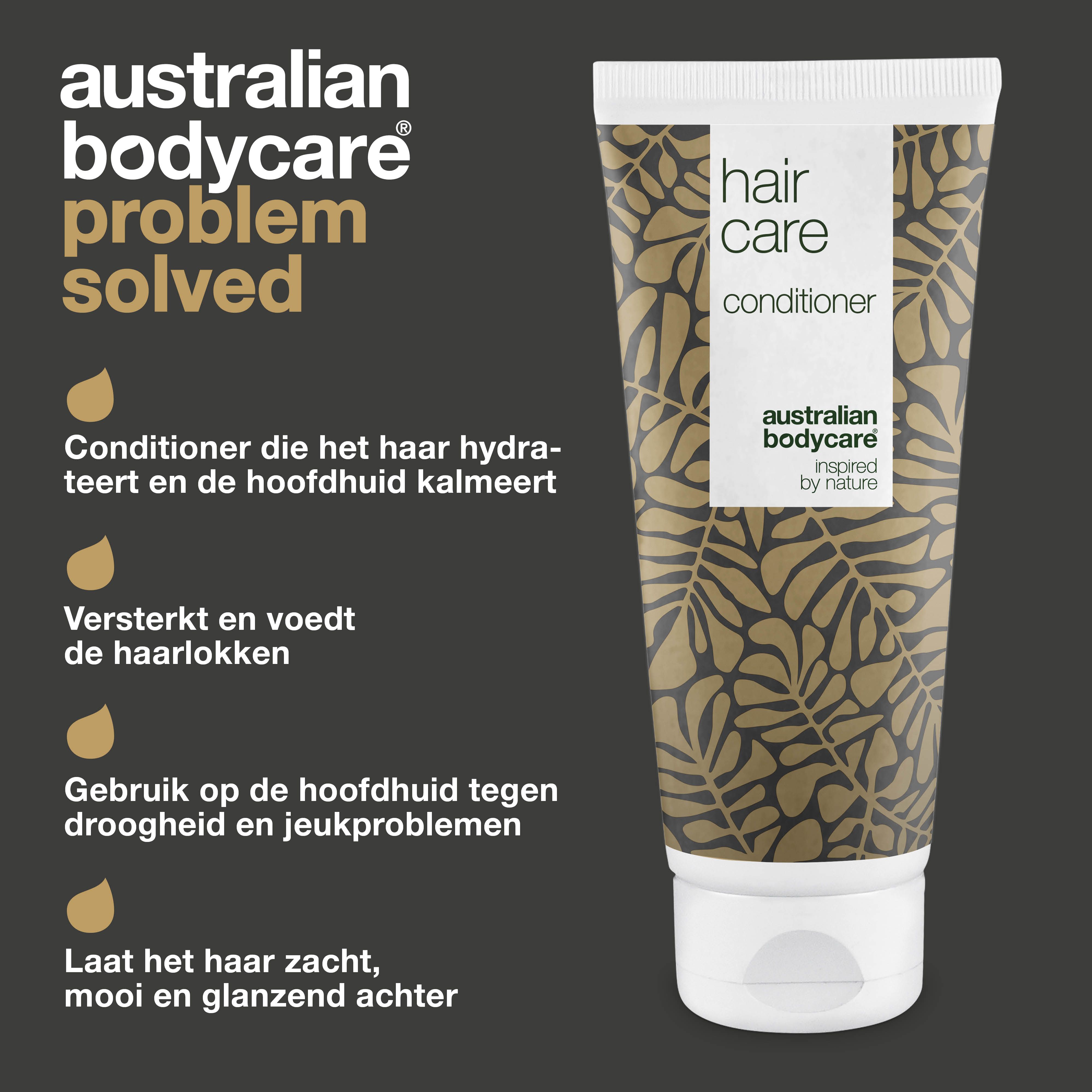 Tube met product en tekst. Opschrift: Hair Care, Conditioner, Australian Bodycare. Tekst: Conditioner die het haar hydrateert.
