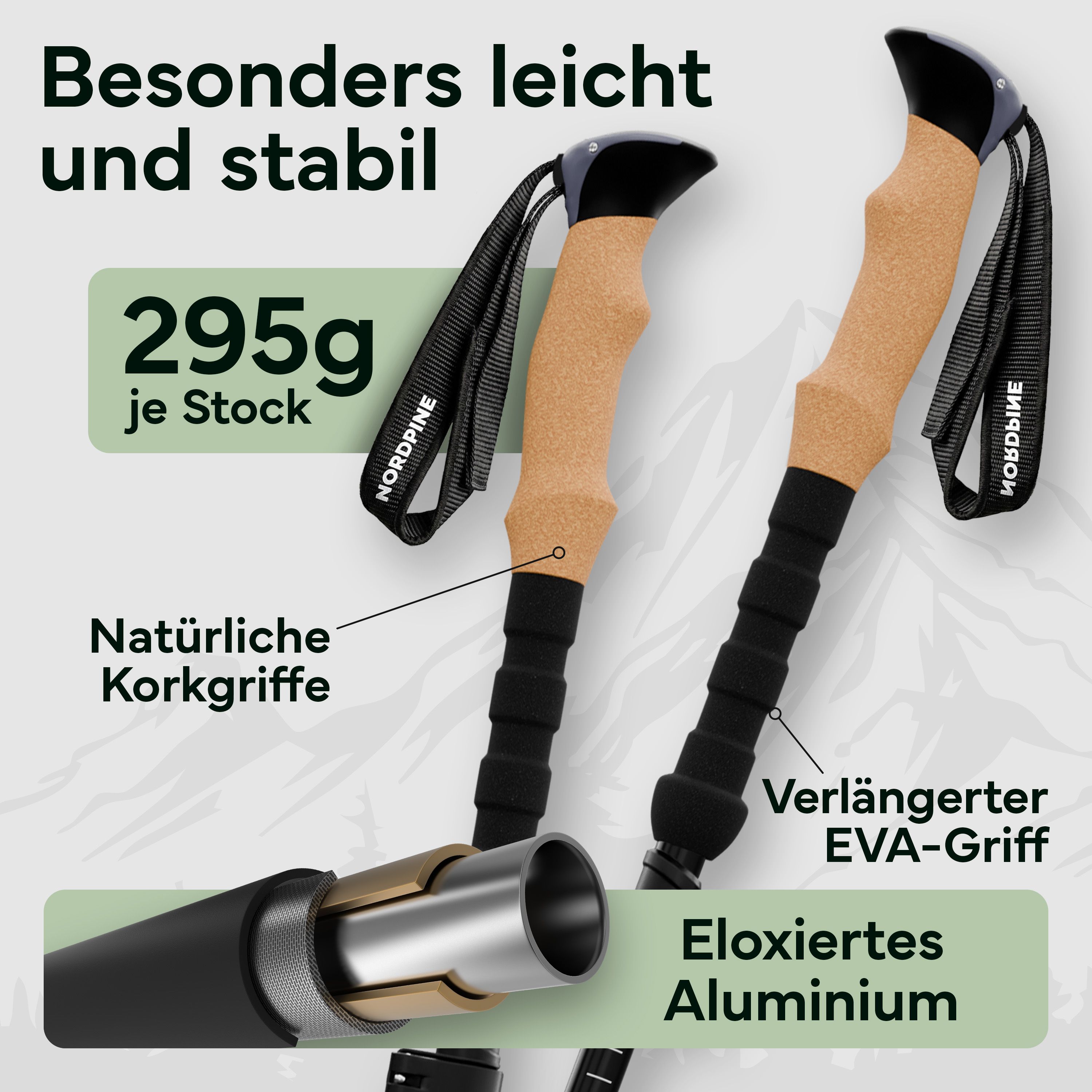 Leichte und stabile Wanderstöcke aus eloxiertem Aluminium mit Kork- und EVA-Griffen.