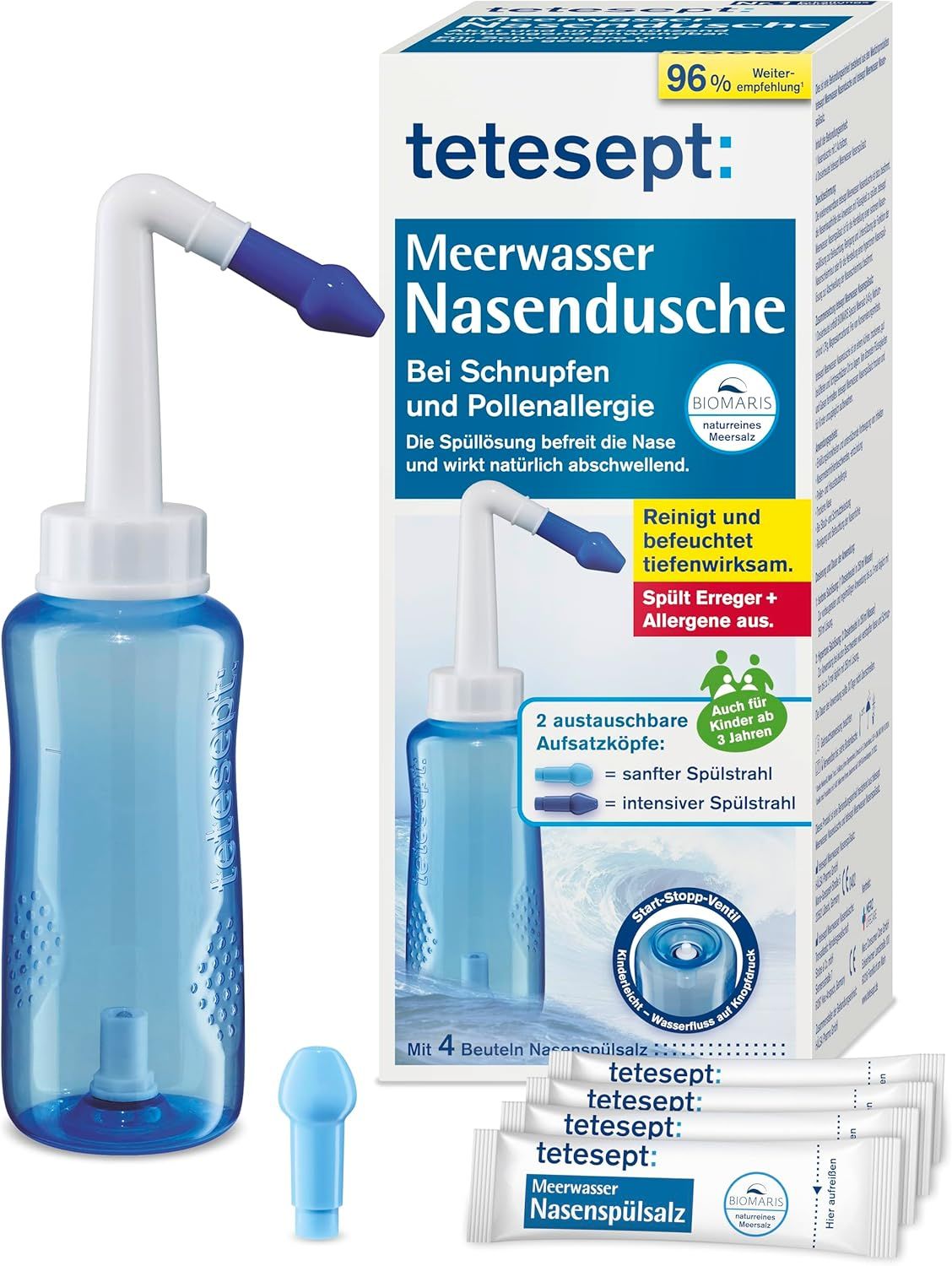 Blaue Nasendusche mit Verpackung und Zubehör. Text: tetesept Meerwasser Nasendusche. 2 Aufsätze, Nasenspülsalz.