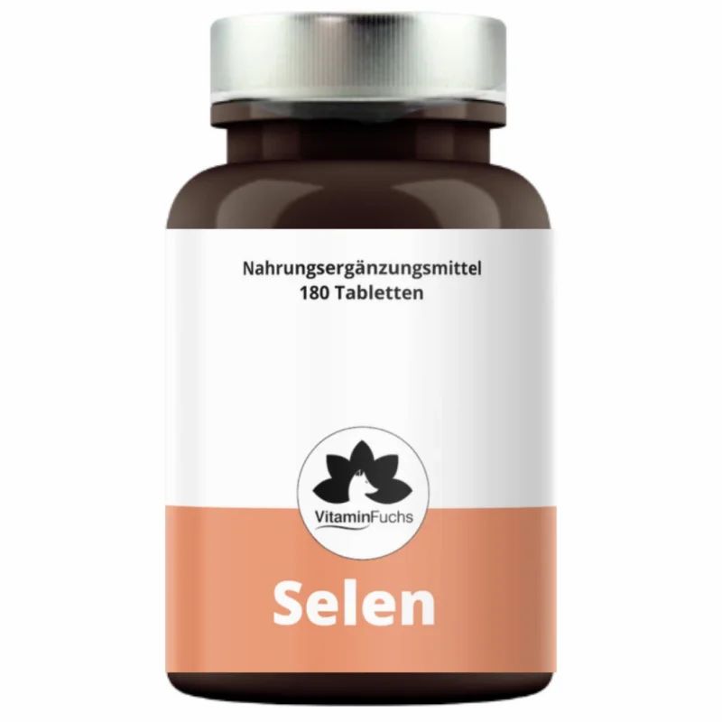 Braune Flasche mit weißem Etikett. Aufschrift: Selen, VitaminFuchs, Nahrungsergänzungsmittel, 180 Tabletten.