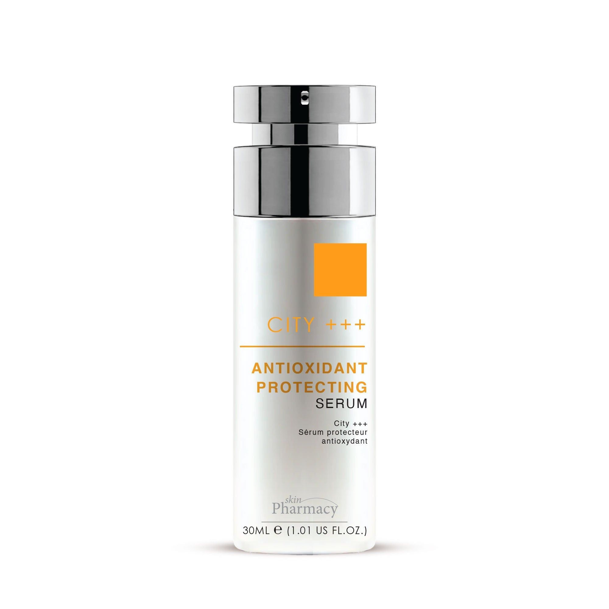 Weißes Serum mit silbernem Verschluss. Orangefarbenes Quadrat. Schriftzug: CITY +++, ANTIOXIDANT PROTECTING SERUM, skinPharmacy.