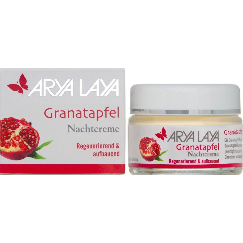 Creme-Tiegel und Schachtel. Aufschrift: ARYA LAYA Granatapfel Nachtcreme. Abbildung einer Granatapfel-Hälfte. Regenerierend & aufbauend.