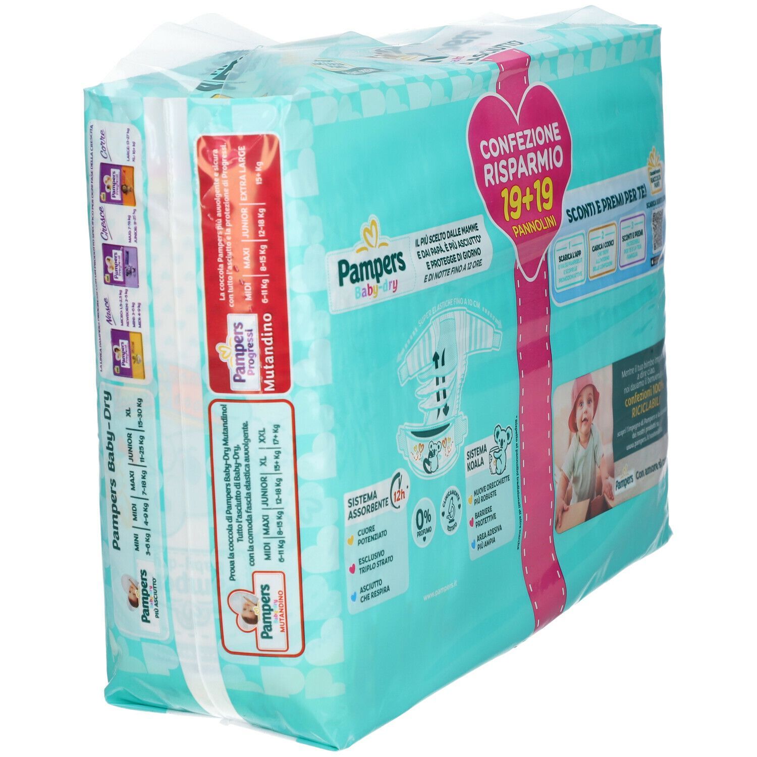 Confezione Pampers Baby Dryduo Max. Imballaggio turchese con cuore rosa. Testo: 19+19, Baby Dry, Mutandino.