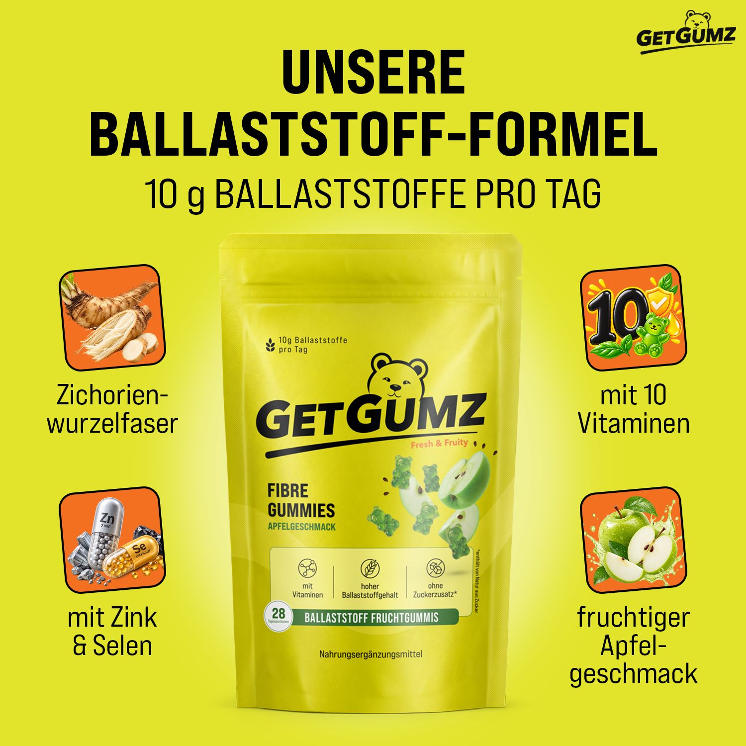 GetGumz Ballaststoff Gummibärchen - 10g Ballaststoffe pro Tagesportion - FIBRE GUMMIES