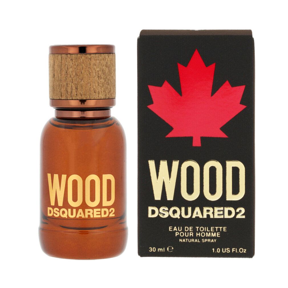 Braune Glasflasche und schwarze Verpackung. Aufschrift "WOOD DSQUARED2". Rotes Ahornblatt. 30 ml.
