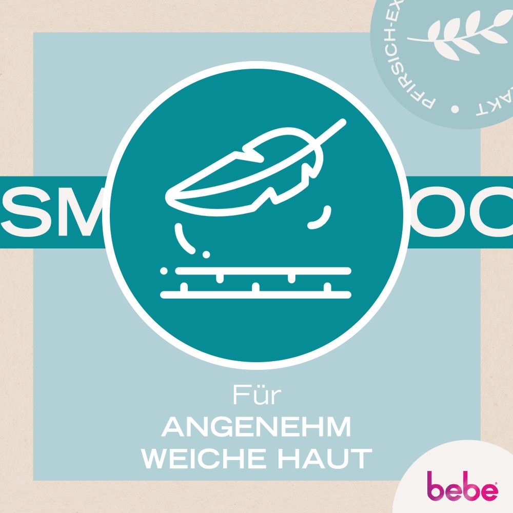Türkisfarbener Kreis mit Feder-Symbol. Text: Für angenehm weiche Haut. Marke: bebe.