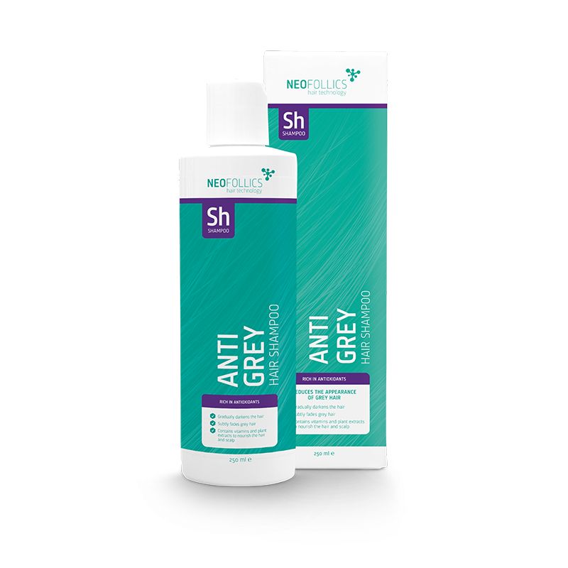 Neofollics Anti-Grauhaar-Shampoo Flasche und Verpackung. 250 ml.