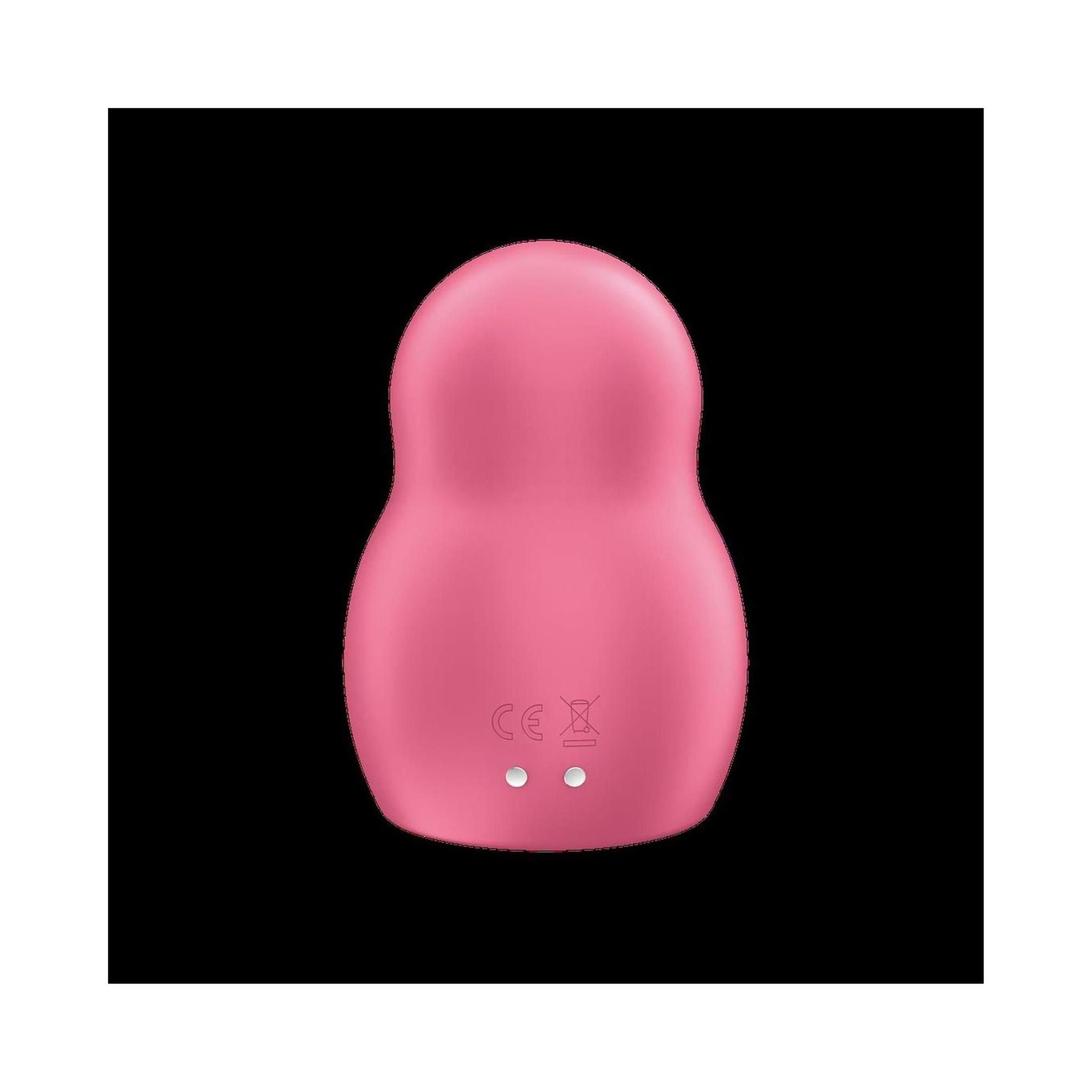 Rosa, eiförmiges Gerät. Zwei Knöpfe unten. CE-Zeichen. Schwarzer Hintergrund.