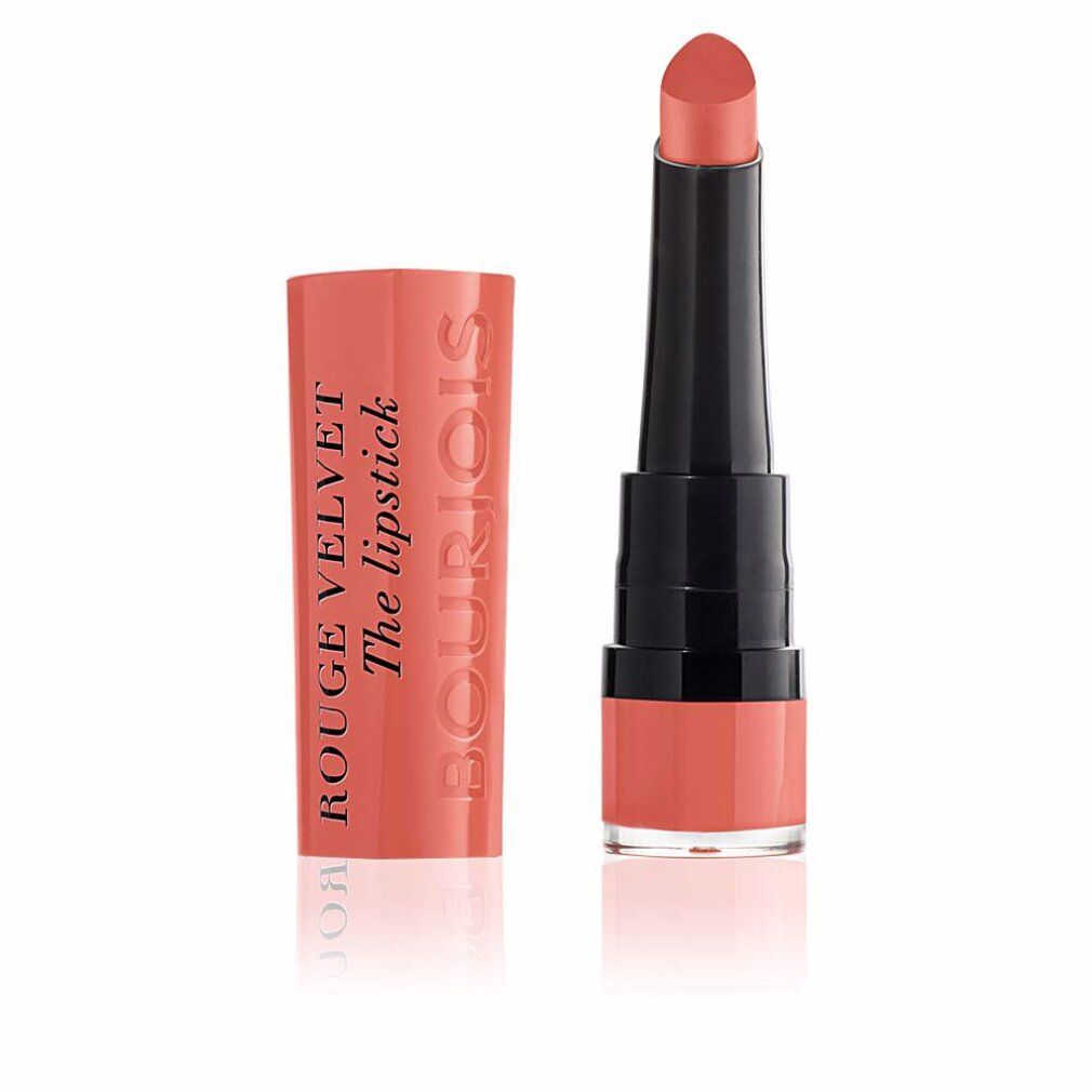 Lippenstift, geöffnet. Rosa Lippenstiftstift mit schwarzem Schaft. Hülse daneben. Aufschrift: Rouge Velvet The lipstick Bourjois.