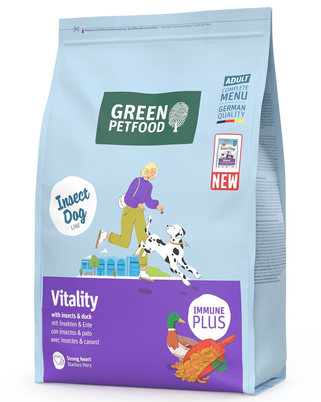 Verpackung von Green Petfood Vitality mit Insekten & Ente. Enthält Logo, Produktname, Abbildung von Hund und Ente.