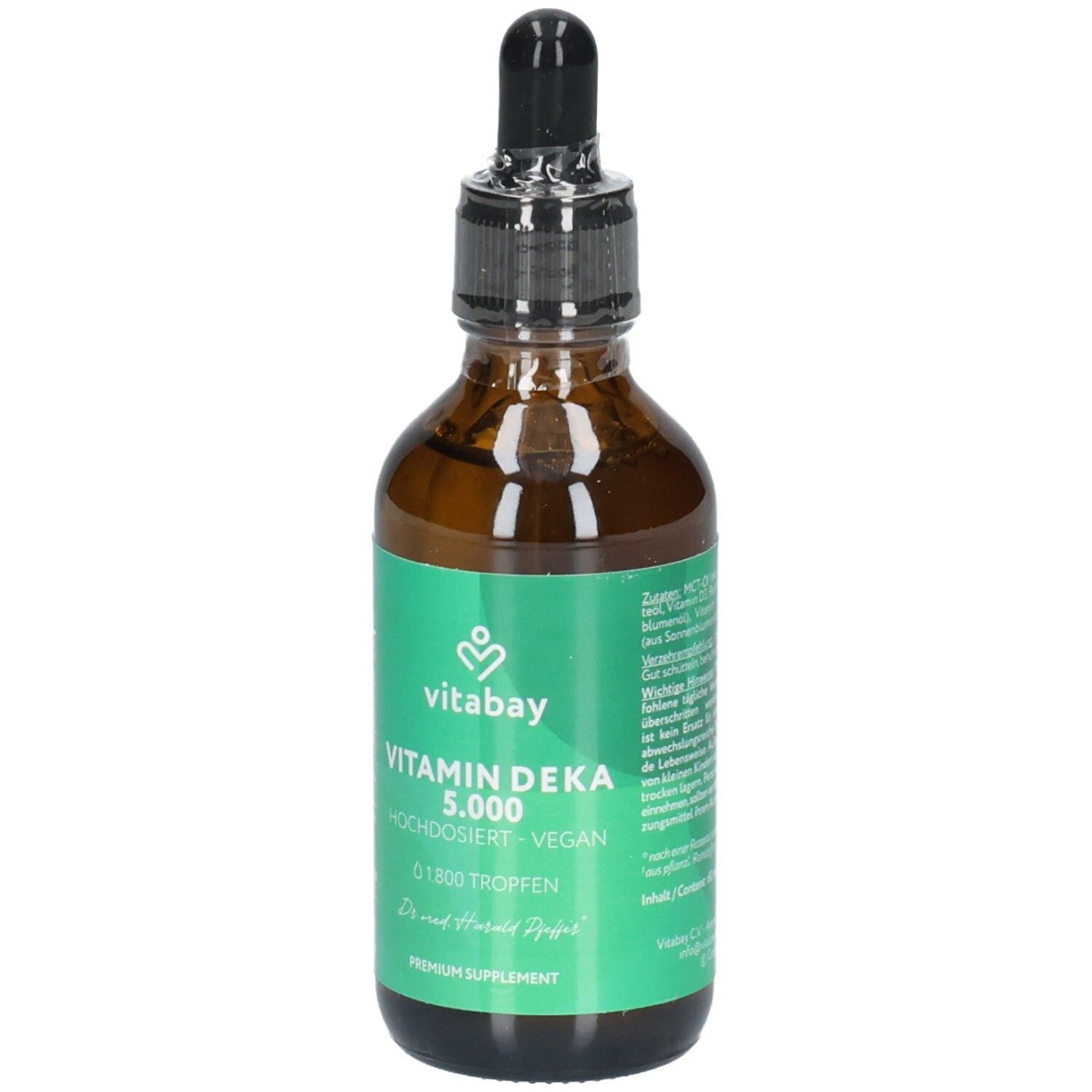 Braune Glasflasche mit Pipettenverschluss, Etikett mit "vitabay VITAMIN DEKA 5.000 HOCHDOSIERT - VEGAN".