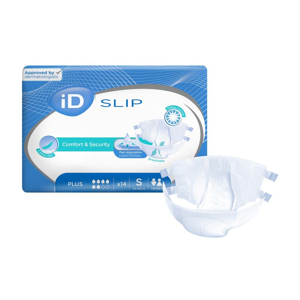 Packung iD Slip Plus S. Windel mit blauer Verpackung. Aufschrift: Comfort & Security, Approved by dermatologists. Einzelne Windel daneben.