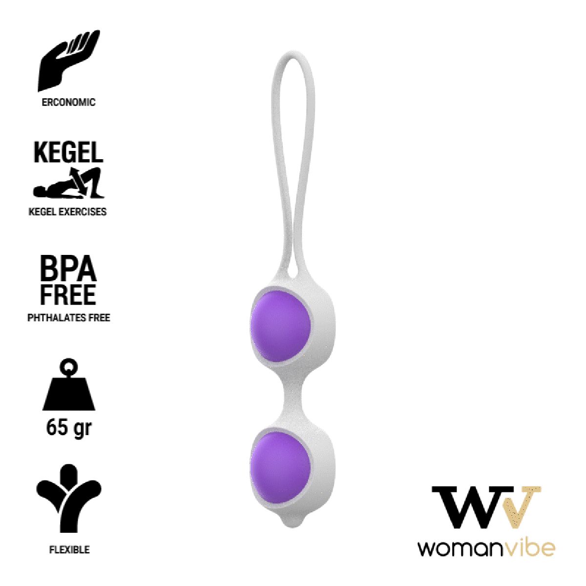 Zwei kugelförmige, lila-weiße Silikonkugeln mit Schlaufe. Aufschrift: BPA-frei, 65 g, flexibel, ergonomisch, Kegel-Übungen. Marke: Womanvibe.