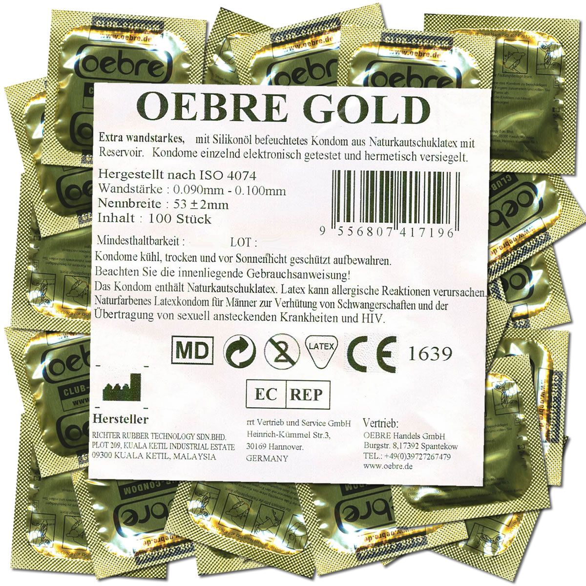 Gouden condoomverpakkingen. Opschrift Oebre Gold, 100 stuks, CE-markering, latex.